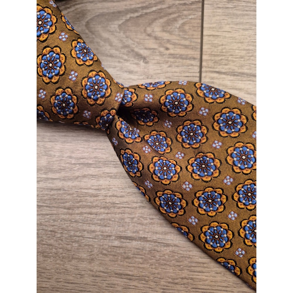 Robert Talbott Best of Class Mens‎ Silk Tie Gold Olive Blue Medallion Floral USA